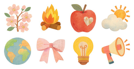 PNG Whimsical hand-drawn colorful icons, element set on transparent background