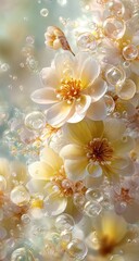 Close up of delicate white and yellow flowers with bubbles floating around