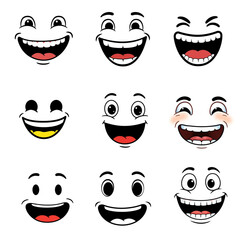 set of cartoon outline black and white emoji faces with happy and laughing feelings