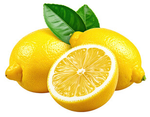 Close-up shot shows three bright yellow citrus fruits with vibrant green leaves