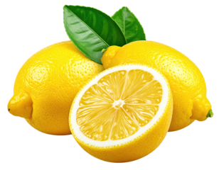 Close-up shot shows three bright yellow citrus fruits with vibrant green leaves