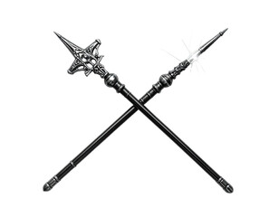 Two ornate weapons with star-shaped tips, crossed against a black background