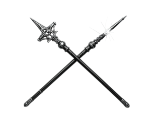 Two ornate weapons with star-shaped tips, crossed against a black background