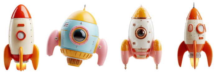 Whimsical Rockets in a Row: Four playfully designed rockets, each boasting unique colors and features, stand in a neat line, ready for an imaginary journey to the stars. 