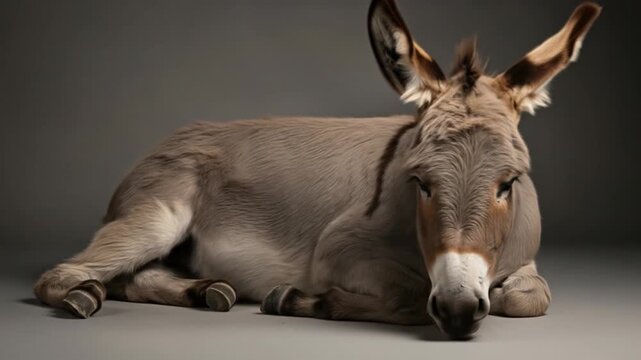 Resting donkey dreams on gray backdrop