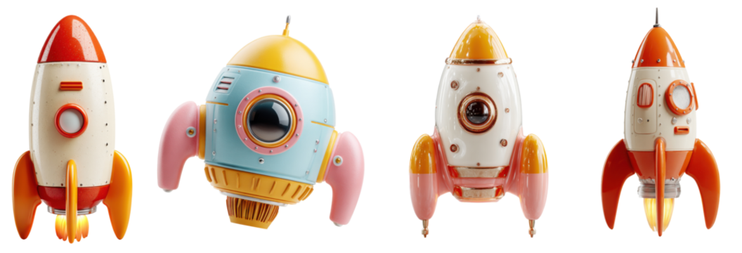Whimsical Rockets in a Row: Four playfully designed rockets, each boasting unique colors and features, stand in a neat line, ready for an imaginary journey to the stars. 