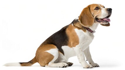 Cute beagle and mixed-breed dog sitting together on a white background, a studio portrait of young, adorable, brown-and-white domestic canines