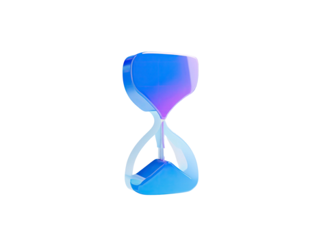 A 3D render of a blue and purple hourglass against a stark black background