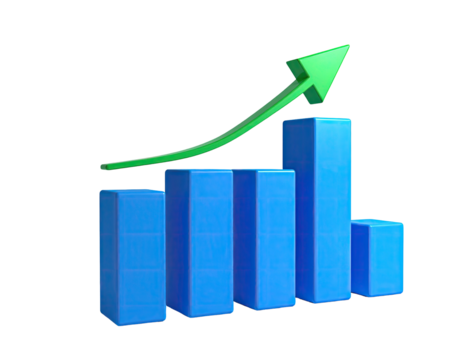Blue bar graph showing growth with a green upward-pointing arrow