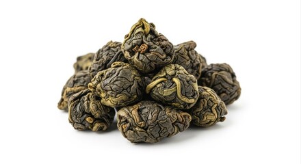 Curled and Robust Partially Oxidized Tie Guan Yin Oolong Organic Tea Leaves, Meticulously Piled, Soft Diffused Light Studio Photography, Isolated on Pure White Background