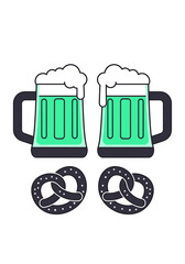 Flat Vector Illustration of Green Beer Mugs and Pretzels