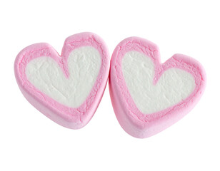 Two heart-shaped marshmallows with pink edges and white centers, isolated