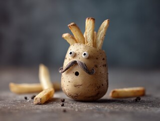 A potato decorated with french fries as a funny face.