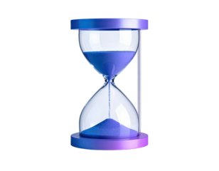 A digital hourglass, filled with blue sand, sits against a black background