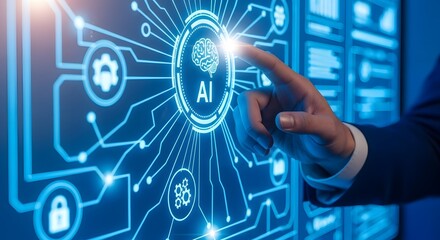 Modern AI technology interface with human touch enabling digital transformation and innovation for business automation solutions and system integration