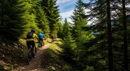 Fototapeta premium Getaway on mountain bikes through a stunning forest trail, enjoying the freedom of outdoor adventure and healthy exercise in a vibrant green landscape