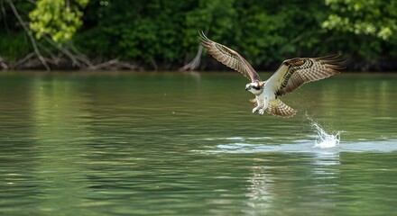 Majestic osprey diving for fish creating splash in tranquil green water, a dynamic wildlife scene perfect for nature lovers and conservation projects