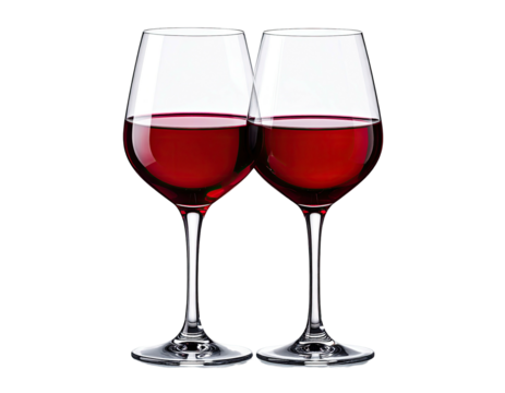 Two elegant glasses, filled with rich red liquid, stand against a dark backdrop