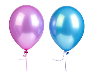 Two shiny, floating balloons; one pink, one blue, with tied ribbons