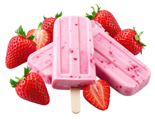 Three pink frozen treats with visible berries surrounded by whole and halved red berries