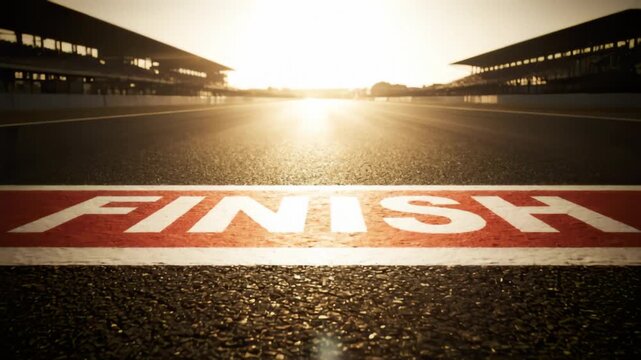 Dramatic Finish Line on Asphalt Race Track with Bright Sunlight