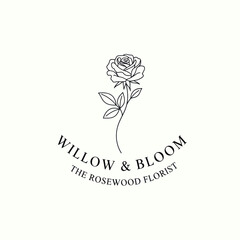 A minimalist line art logo for 'Willow & Bloom, The Rosewood Florist' featuring a single elegant rose.