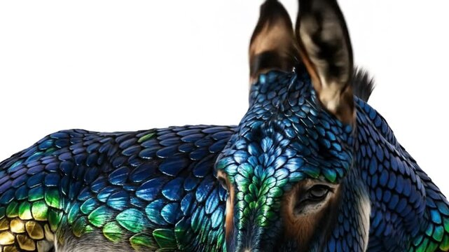 Scaled donkey gazes with uncanny eyes