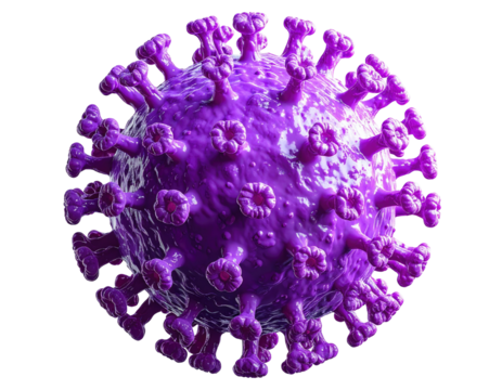 A detailed, vibrant, 3D rendering of a purple viral particle