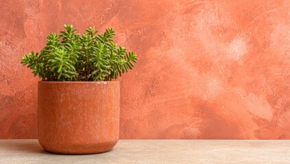 Succulent plant in terracotta pot against a textured coral wall.