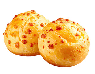 Two golden, round, cheesy baked rolls on a transparent background
