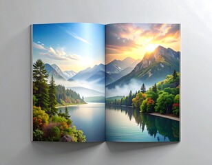 Scenic Mountain Vista Landscape with Lake and Lush Forests in a Magazine