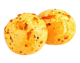 Two golden-brown, round baked goods with cheesy topping and dark specks
