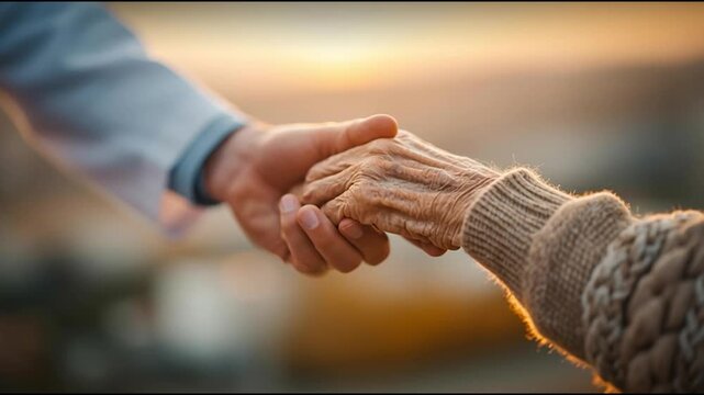 Close-up of young hand holding elderly hand with care, concept of support, compassion, healthcare and aging with dignity 