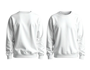 Front and back view of two plain, white, crewneck sweatshirts