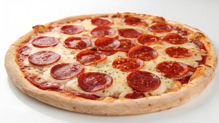Delicious slice of Italian pizza with mozzarella, pepperoni, and tomato sauce on a crust, isolated on a white background for a tasty fast food snack