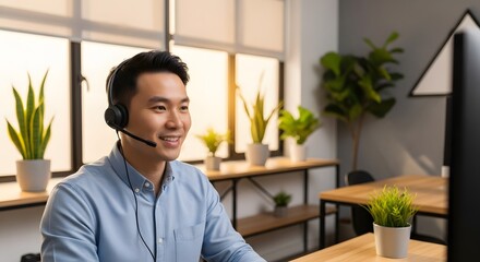 Friendly Asian man providing remote customer support with headset in bright, modern office setting, offering exceptional service and building customer loyalty