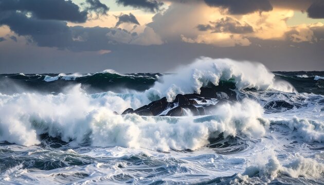 Powerful ocean waves breaking on coastal rocks during a stormy sunset with dramatic sky