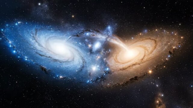 A dramatic cosmic ballet depicting the slow, inevitable collision and merging of two massive, swirling spiral galaxies creation, astronomy, ballet