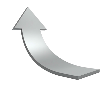 A 3D silver arrow curving upwards against a black background