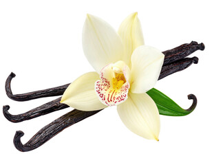 Close-up of a vanilla flower with dark pods and a vibrant green leaf