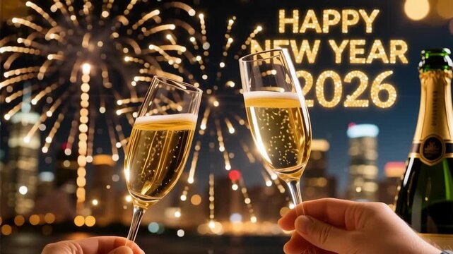 Happy New Year 2026 celebration with champagne glasses and fireworks over city skyline, festive holiday party concept  
