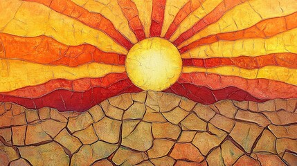An abstract painting in intense orange and red, showing heat waves rising from cracked, dry earth.
