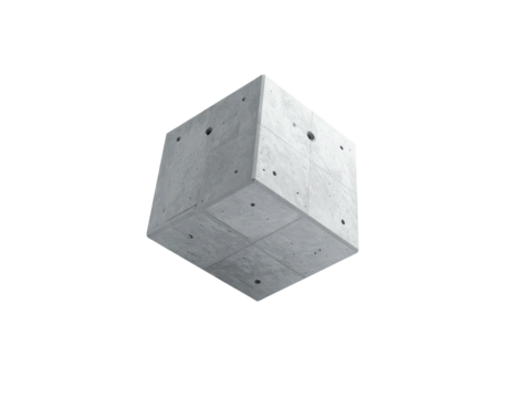 A perfectly square, gray, concrete cube, isolated on a black background