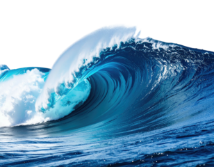 A dynamic, curling wave of water, showcasing a crest against a dark background