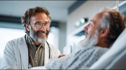 Smiling doctor comforting senior patient in hospital bed, healthcare support, trust and compassionate medical care concept 