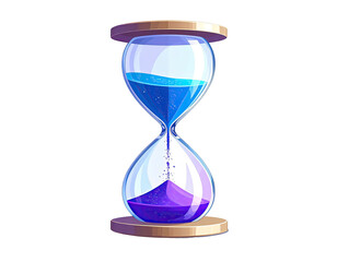 A stylized illustration of an hourglass with blue and purple flowing substance