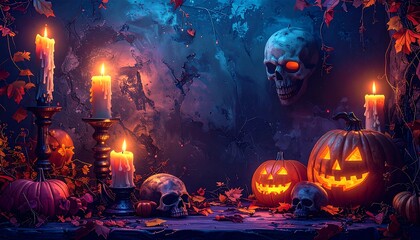 Fototapeta premium Eerie Halloween Scene: Glowing Pumpkins, Dripping Candles, and Floating Skulls Under a Mystical Night Sky