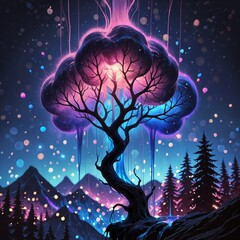 Mystical Tree with a Luminous Pink and Purple Cloud Canopy Dripping Glowing Blue Rain in a Fantasy Mountain Landscape.