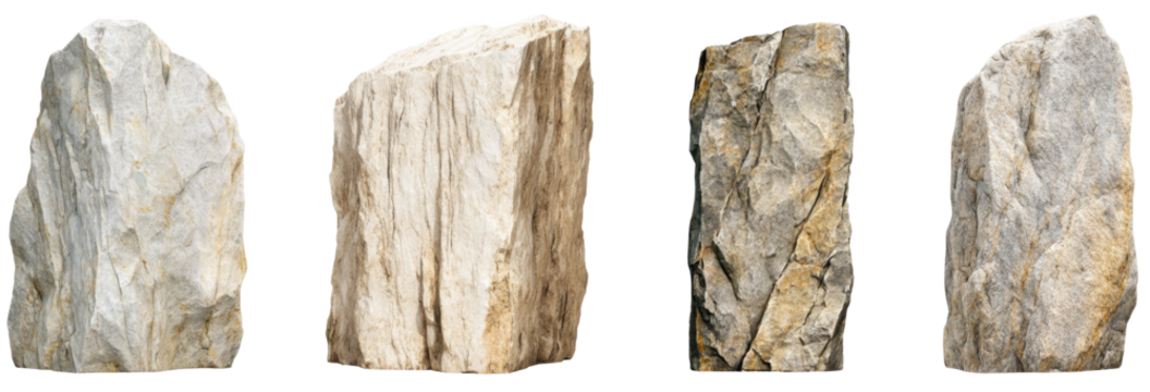 Stone Monuments: Four stone monuments showcasing variations in shape and texture, each presenting a unique glimpse into the natural world.