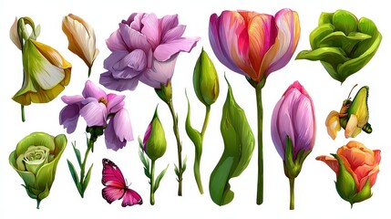 Colorful Pixel Art Flowers and Botanical Elements